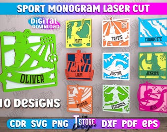 Paquete SVG de monograma deportivo personalizado cortado con láser, colgador de puerta o pared con temática deportiva, letreros con nombres deportivos personalizados cortados con láser, fútbol americano