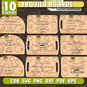 Pode incluir: Dez tábuas de tequila de madeira cortadas a laser com vários designs e texto, incluindo frases como "Tequila Rules" e "Every shot of tequila". Cada tábua tem espaços para tequila, limão e sal. A imagem também inclui fatias de limão e o texto "Digital Download".