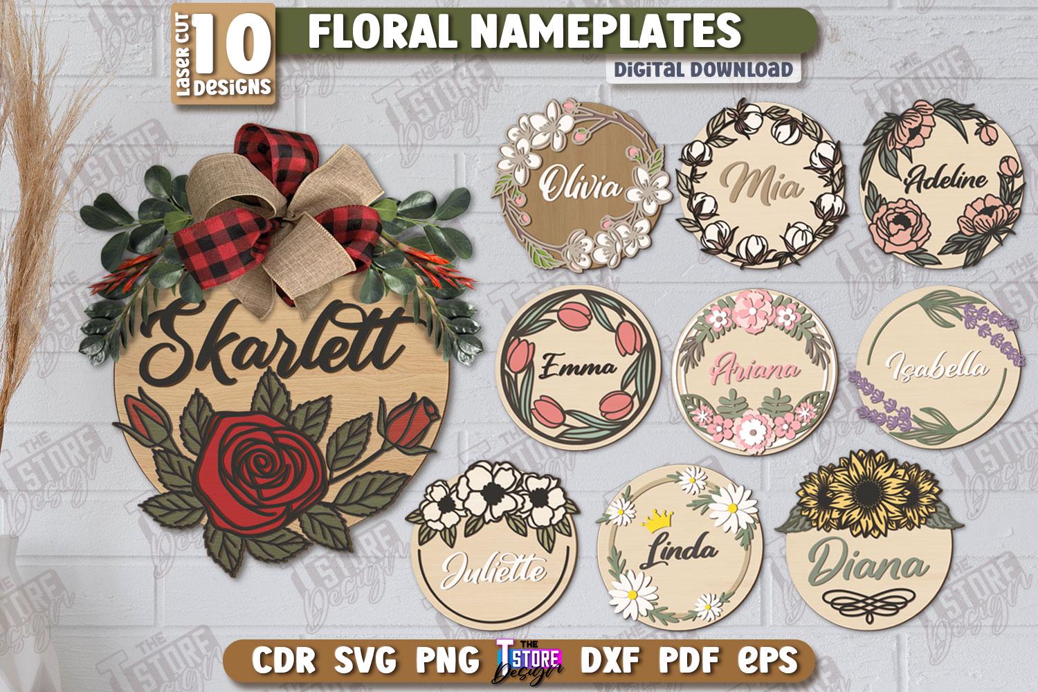 Round Floral Name Plates Laser Cut Bundle, Floral Door Hanger, Wall Decor, Custom Wooden Name Sign, Nursery Decor SVG, Personalized Plaques
