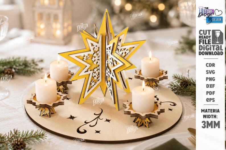 Op de afbeelding: Een ronde houten adventskaarsenhouder met een centrale driedimensionale gele en witte ster met sneeuwvlokuitsparingen. De basis bevat vier kleine kaarsenhouders voor witte stompkaarsen en decoratieve stergravures. Materiaaldikte: 3mm.