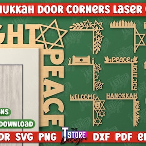 Hanukkah Door Corner Laser Cut Bundle, Hanukkah Door Trim Corner Decor laser file, Hanukkah Door Hanger design, Menorah and Star of David