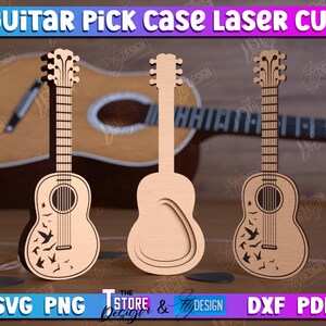 May include: Three laser cut guitar pick cases. The cases are shaped like guitars and have a design of birds flying on them. The cases are made of wood and are ready to be assembled. The image includes the text "CDR SVG PNG TSTORE & DESIGN DXF PDF EPS".