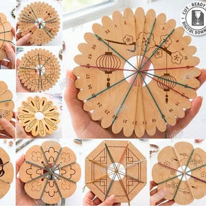 Puede incluir: Una colección de diez diseños de pulseras de madera cortadas con láser. Los diseños presentan varios patrones, incluidos motivos florales, geométricos y de linternas. La imagen incluye el texto "CUT READY FILE DIGITAL DOWNLOAD" y "10 DESIGNS".