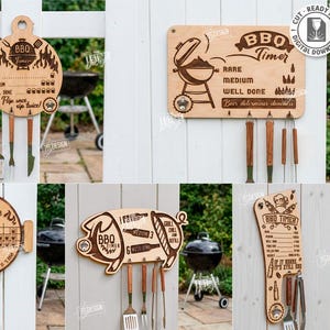 May include: Wooden BBQ timers and utensil holders in various shapes. Designs include a round timer, a rectangular sign with a grill illustration, a pig-shaped holder, and a spatula-shaped timer. Each piece has a laser-cut design and includes utensils.