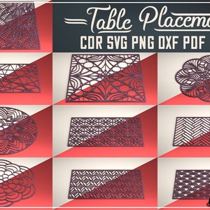 May include: Nine different designs for laser cut table placemats. The designs are intricate and geometric, featuring a variety of patterns, including circles, squares, and triangles. The placemats are all in a dark brown colour.