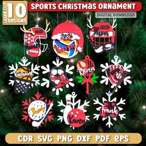 3d Sports Christmas ornaments laser cut bundle, Xmas tree sport toys laser cut, hockey svg, personalized sport ornaments svg, basketball svg