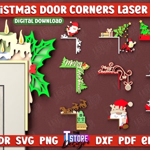 May include: Ten digital designs for laser cut Christmas door corners. The designs include a candle, a reindeer, a snowman, a gnome, a truck with a Christmas tree, and more. The designs are available in CDR, SVG, PNG, DXF, PDF, and EPS formats.