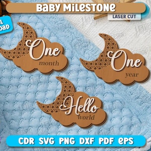 Lot de jalons découpés au laser pour bébé, ensemble de jalons en rotin, cartes mensuelles de première année de bébé, faire-part de nouveau-né, svg hello world, enfants v.2