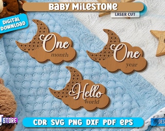 Baby milestone laser cut bundle, rattan milestones set, monthly baby first year cards, newborn announcement, hello world svg, children v.2