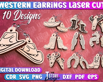Western Earrings Laser Cut SVG | Western Cowboy Boots Earrings SVG Design | Cowgirl Accessories Laser Design | Western Laser Earring Set