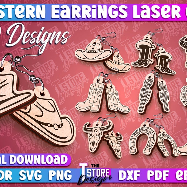 Western Earrings Laser Cut SVG | Western Cowboy Boots Earrings SVG Design | Cowgirl Accessories Laser Design | Western Laser Earring Set