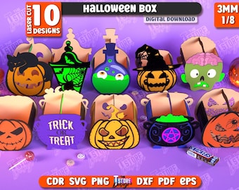 Halloween Boxen Laser geschnitten Bundle, Halloween Süßigkeiten Korb svg, 3D Box Laserschnitt, Happy Halloween svg, gruseliger Geschenkkorb, Süßes oder Saures svg