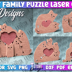 Quebra-cabeça da família dos gatos cortado a laser | Adoro design SVG | Arquivos de corte a laser de quebra-cabeça de amor de família | Desenho SVG