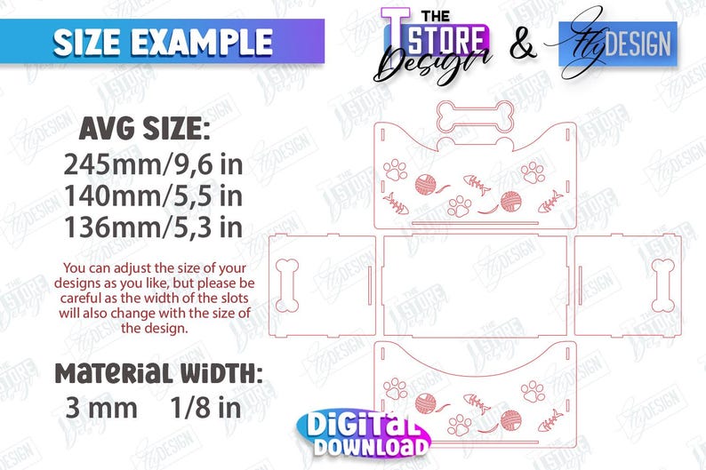 May include: A digital download design for a cat bed, with a bone-shaped opening on the top and a paw print, fishbone, and ball of yarn design on the front. The design is 9.6 inches wide, 5.5 inches long, and 5.3 inches high. The material width is 3 mm or 1/8 inch.
