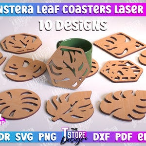 May include: Ten laser-cut wooden coasters featuring different designs of Monstera leaves. The coasters are brown and have a natural wood finish.