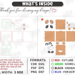May include: Digital cut file design with instructions for a bear-shaped box. The image includes cut lines in red, score lines in green, engraving in black, and acrylic/glass lines in blue. The material width is 3 mm.