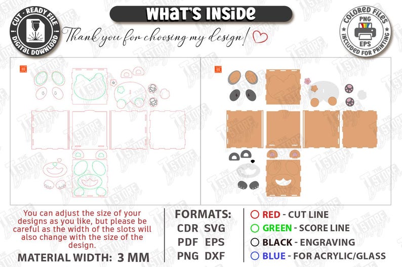 May include: Digital cut file design with instructions for a bear-shaped box. The image includes cut lines in red, score lines in green, engraving in black, and acrylic/glass lines in blue. The material width is 3 mm.