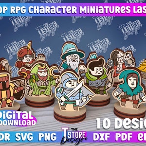 May include: Ten digital designs for tabletop role-playing game character miniatures. The designs are laser cut and are 3 mm thick, or 1/8 inch. The designs include a knight, a wizard, a warrior, a rogue, a cleric, a barbarian, a dwarf, an elf, a goblin, and a human.