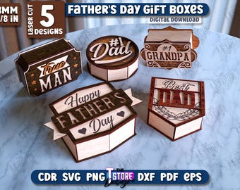 Father's Day Gift Boxes Laser Cut Bundle, 3D Wooden Boxes, Wooden Storage Basket, Decorative Wooden Gift Box, Father's Day Gift, Treat Boxes