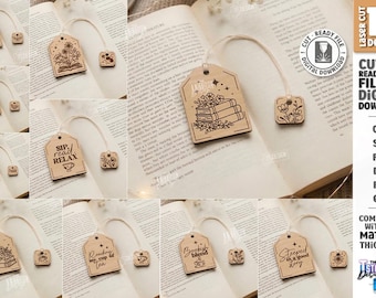 Conjunto de marcadores de livros cortados a laser, presente para amantes de livros em SVG, marcadores de livros de madeira em SVG, marcador de livro em formato de saquinho de chá em SVG, marcadores de livros gravados em SVG, arquivos para corte a laser