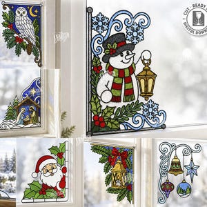 Puede incluir: Una colección de diez diseños digitales de corte láser para decoraciones de ventana con ilustraciones estilo vitral de un muñeco de nieve, búho, nacimiento, reno, Santa Claus, árbol de Navidad, cardenal y faroles navideños.