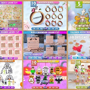 May include: A collection of laser-cut wooden designs, including toy car tracks, rings, cake toppers, wall decor, tracing boards, calendars, mobiles, gift tags, and tourist animals. Each design is available in multiple styles, with digital download options.