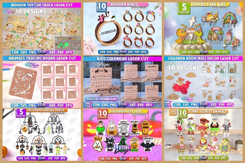 May include: A collection of laser-cut wooden designs, including toy car tracks, rings, cake toppers, wall decor, tracing boards, calendars, mobiles, gift tags, and tourist animals. Each design is available in multiple styles, with digital download options.