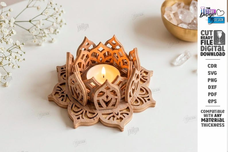 May include: A light brown wooden lotus flower candle holder with intricate laser-cut petal designs. A small round tea light candle with a warm yellow flame sits in the center. The text on the right reads: The Store Design, Cut Ready File Digital Download, CDR, SVG, PNG, DXF, PDF, EPS, Compatible with any material thickness.