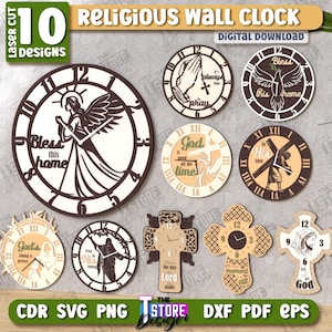 Könnte beinhalten: Eine Sammlung von 10 religiösen Wanduhr-Designs, lasergeschnitten. Die Uhren zeigen verschiedene christliche Symbole, darunter Engel, Kreuze und Tauben. Die Uhren sind in Braun- und Beigetönen gehalten, mit dem Text "Bless this home" und "God".