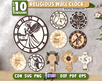 3d religious clock laser cut bundle, Jesus wall clock svg, bible quotes svg, cross wall clock laser cut, wooden Christian clock, bible svg