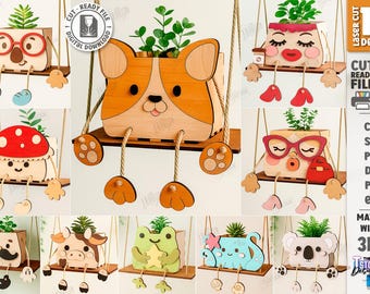 Tiere Schaukel Holz Pflanzer Laser geschnitten Bundle, Kinder Pflanzkiste, hängende Topfpflanzenhalter svg, Schaukel Pflanzer Muster svg, Bauernhaus svg