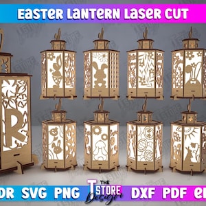 May include: A collection of laser-cut wooden Easter lanterns in various designs. The lanterns feature bunny and floral cutouts, with the text "EASTER LANTERN LASER CUT" at the top. The image also includes the text "DIGITAL DOWNLOAD" and "10 DESIGNS".