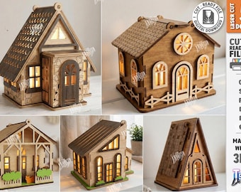 3d candle houses laser cut bundle, Scandinavian house tea light candle holder, village house wooden lamp, house shelf sitter, home decor