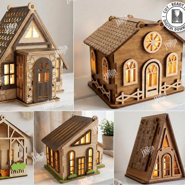3d candle houses laser cut bundle, Scandinavian house tea light candle holder, village house wooden lamp, house shelf sitter, home decor