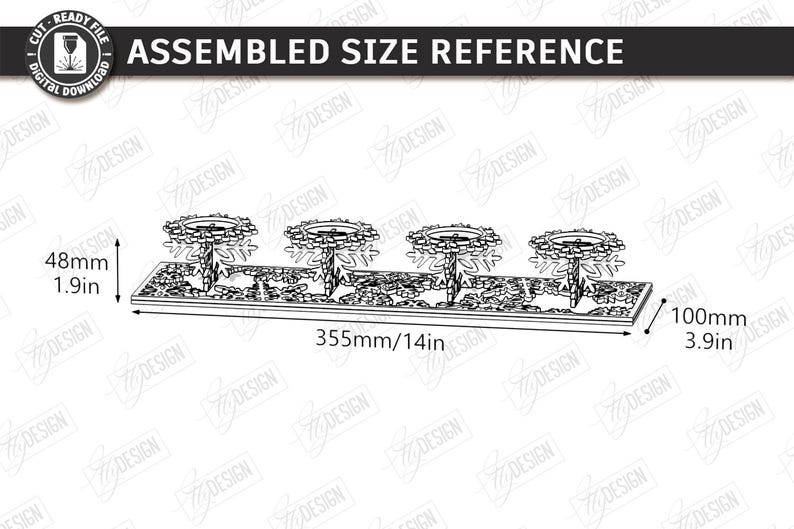 Op de afbeelding: Een zwart-witte lijntekening van een rechthoekige kaarsenhouderbasis met vier sneeuwvlokvormige kaarsenhouders. De tekst ASSEMBLED SIZE REFERENCE staat bovenaan. De afmetingen zijn 355mm lang, 100mm breed en 48mm hoog.