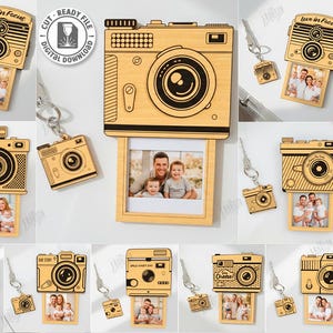 May include: Wooden camera-shaped keychains with photo inserts. The keychains feature laser-cut designs and the text "Love in Focus" and "Just Us". The image also includes the text "10 Designs" and "Cut Ready File Digital Download".
