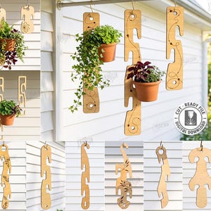 May include: A collection of ten laser-cut wooden plant hanger designs featuring various shapes and engraved patterns. These vertical hanging brackets are designed for digital download and include file formats like CDR, SVG, PNG, DXF, PDF, and EPS.