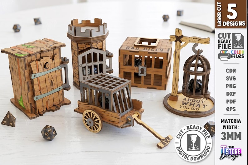 K&ouml;nnte beinhalten: Lasergeschnittenes W&uuml;rfelturm- und Zubeh&ouml;rset aus Holz. Enth&auml;lt einen Turm, ein Gef&auml;ngnis, einen Wagen und andere thematische Designs. Das Set besteht aus 3 mm starkem Material und enth&auml;lt die Texte "BAD DICES" und "ABOUT WHAT YOU DID".
