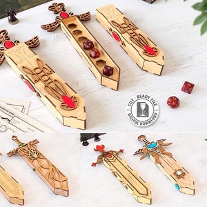 May include: A collection of laser-cut wooden sword-shaped dice storage cases featuring intricate cutouts and red accents. The set includes various designs, some with lids removed to reveal hexagonal compartments holding polyhedral dice.
