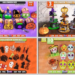 May include: A collage of Halloween-themed laser-cut designs. The image showcases a Halloween box set, tiered tray, earrings, and sugar skull coasters. Each design features various spooky elements like pumpkins, ghosts, and witch hats. The designs are available as digital downloads.