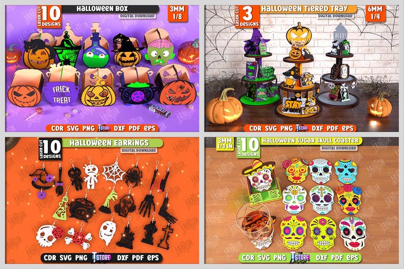 May include: A collage of Halloween-themed laser-cut designs. The image showcases a Halloween box set, tiered tray, earrings, and sugar skull coasters. Each design features various spooky elements like pumpkins, ghosts, and witch hats. The designs are available as digital downloads.