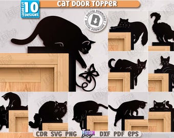 3d cat door topper laser cut bundle, cat door corner svg, animals door trim corner decor, black cat door hanger design, funny door toppers