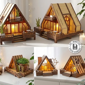 A-Frame Cabin Night Light SVG - Laser Cut Miniature House Lamp - Modern Cabin Lantern - LED Wooden House Decor svg