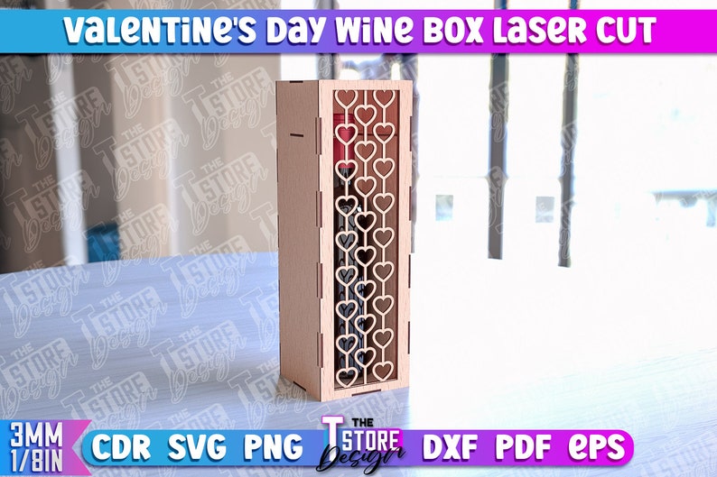 May include: Laser cut wine box with a heart design. The box is made of wood and is 3 mm thick. The box is designed to hold a standard bottle of wine.