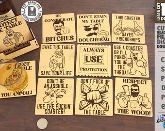 3d sarcastic quotes coasters laser cut bundle, sassy quotes coaster laser cut, funny wooden cup coaster set, sarcastic quotes and sayings