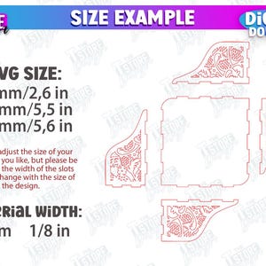 May include: A digital download of a laser cut design for a decorative box. The design features a floral pattern and is shown in red on a white background. The image includes text that says "AVG SIZE: 66 mm/2,6 in 140 mm/5,5 in 144 mm/5,6 in" and "Material WIDTH: 3 mm 1/8 in".