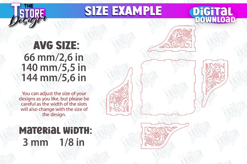 May include: A digital download of a laser cut design for a decorative box. The design features a floral pattern and is shown in red on a white background. The image includes text that says "AVG SIZE: 66 mm/2,6 in 140 mm/5,5 in 144 mm/5,6 in" and "Material WIDTH: 3 mm 1/8 in".