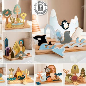 May include: A collection of ten wooden laser-cut designs, including scenes with animals, trees, and buildings. The designs feature various colors and are displayed on wooden bases. The image also includes text indicating the designs are ready to cut and available in multiple file formats.