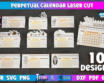 May include: A collection of ten laser-cut perpetual calendar designs. Each calendar is made of light-colored wood and features a unique decorative top, such as a butterfly or mountain scene. The calendars are 3mm or 1/8 inch thick and include the text "PERPETUAL CALENDAR LASER CUT".