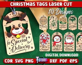 3D Christmas Tags Laser Cut Bundle, Personalized Christmas Ornaments, Custom Christmas tree Decor, Wood Xmas decor, Gift tags Laser cut